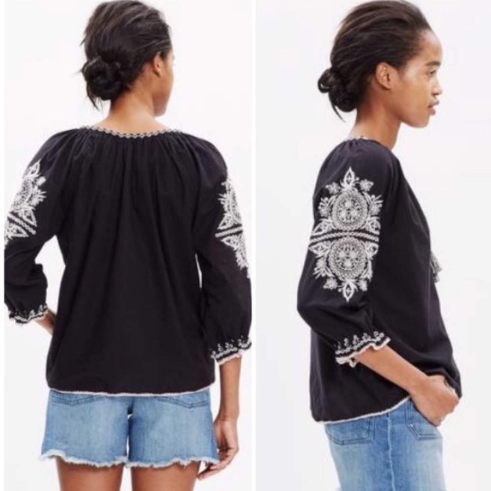 Ulla Johnson Black Blouse with White Embroidery